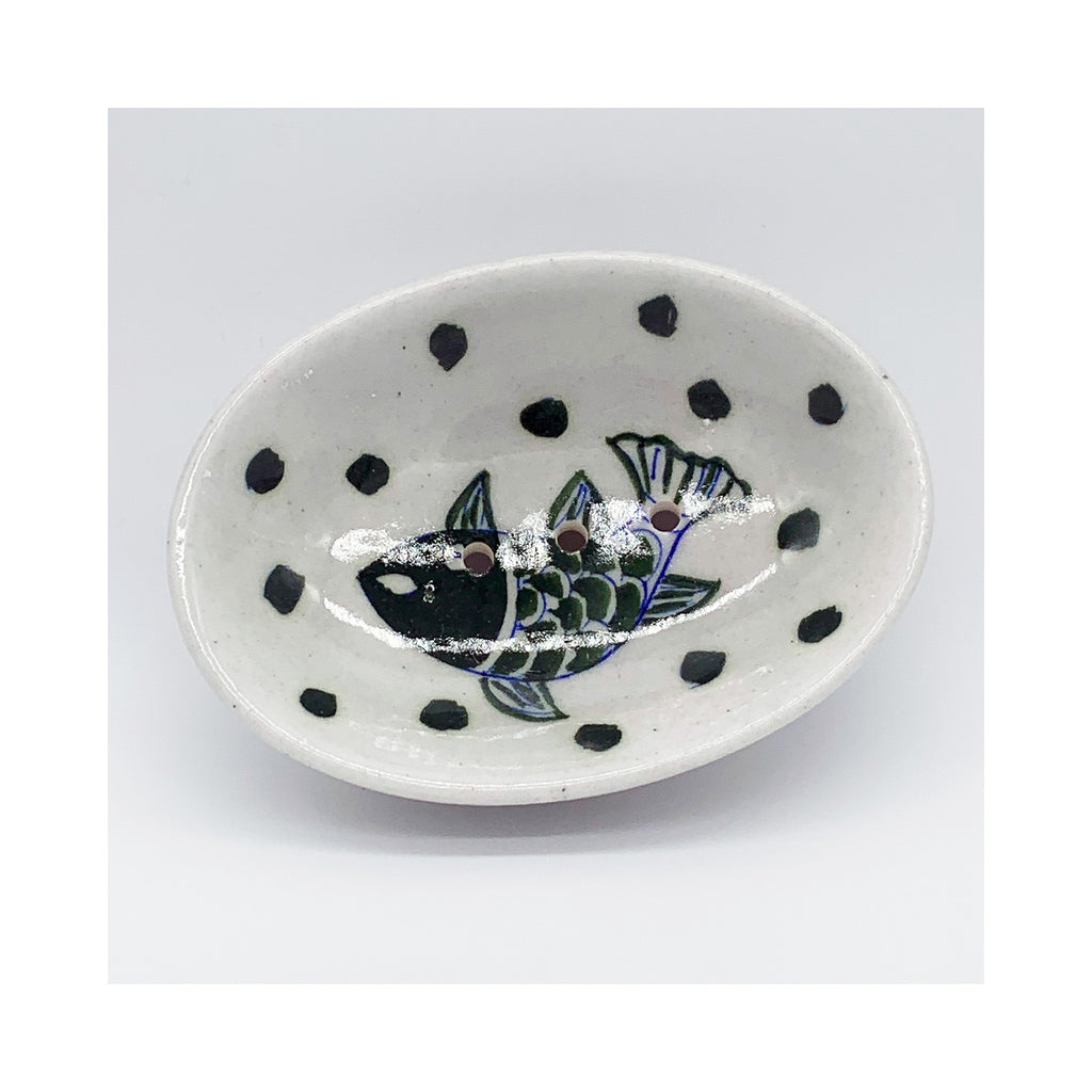 Seifenschale aus Jaipur-Keramik - Weiss mit Fisch