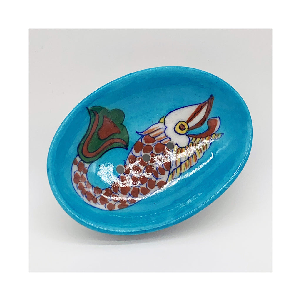 Seifenschale aus Jaipur-Keramik - Blau mit Fisch